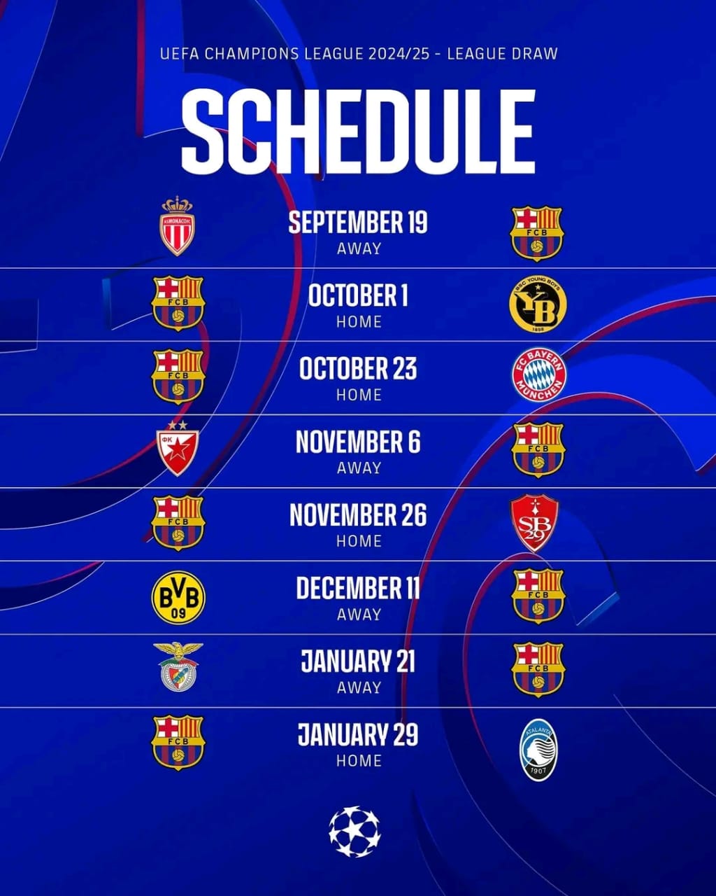 Barcelona's UEFA Champions League 2024/25 Group Stage Schedule